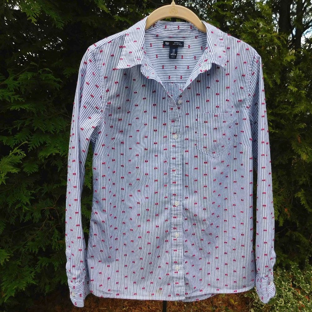 Gap Pinstripe Buttondown top with Knotted-Thread Bow Accents